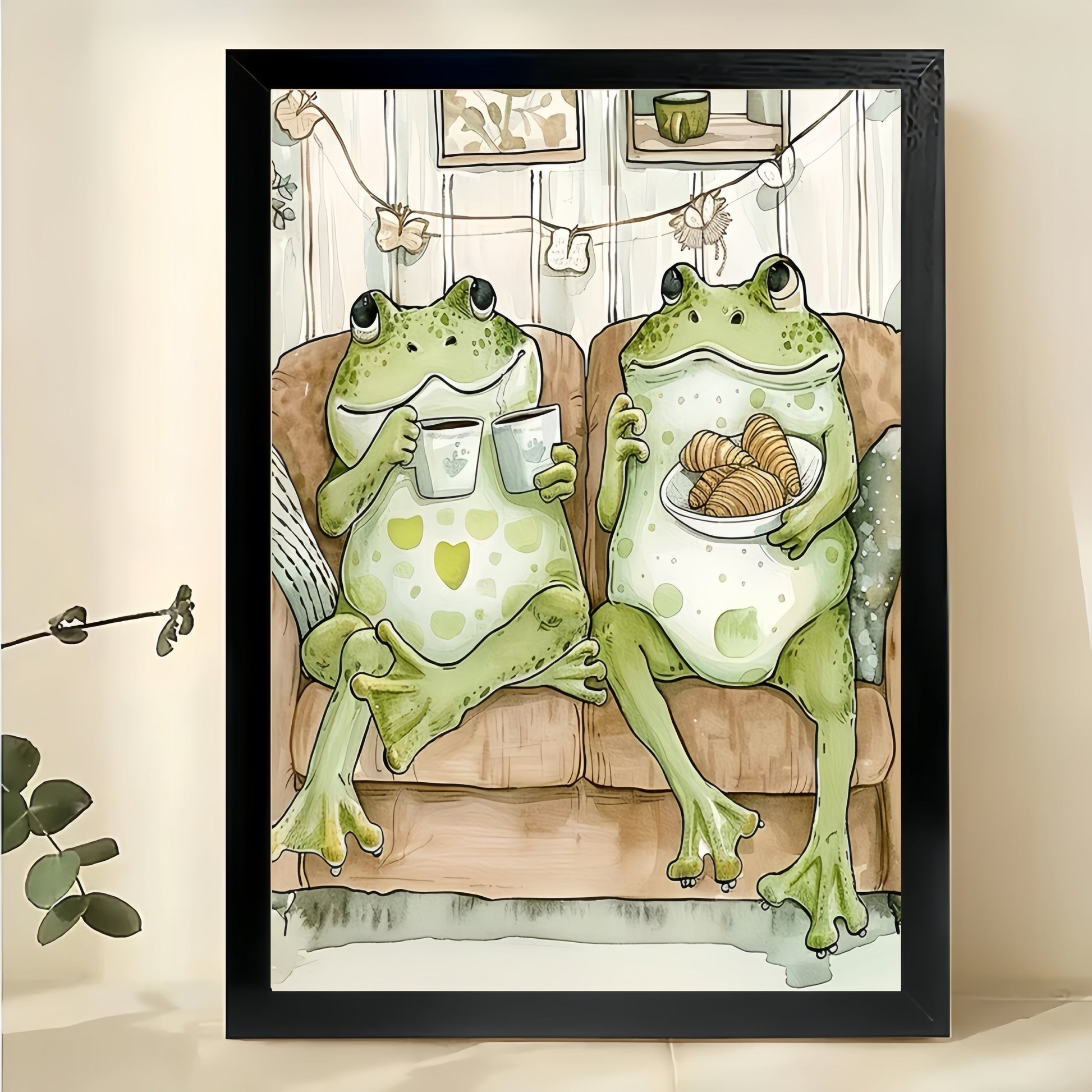 Cozy Frogs on Couch Wall Art – Whimsical Frog Couple Canvas Print with Natural Wood Frame