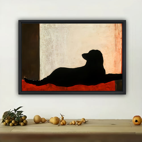 The Sleek Black Dog Silhouette – Minimalist Modern Wall Art on Natural Wood Canvas