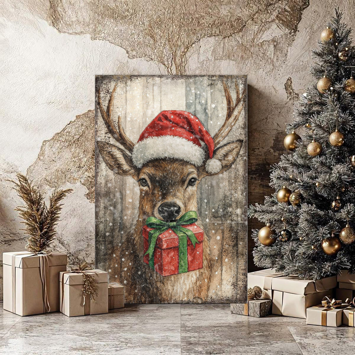 Reindeer with Santa Hat Christmas Wall Art
