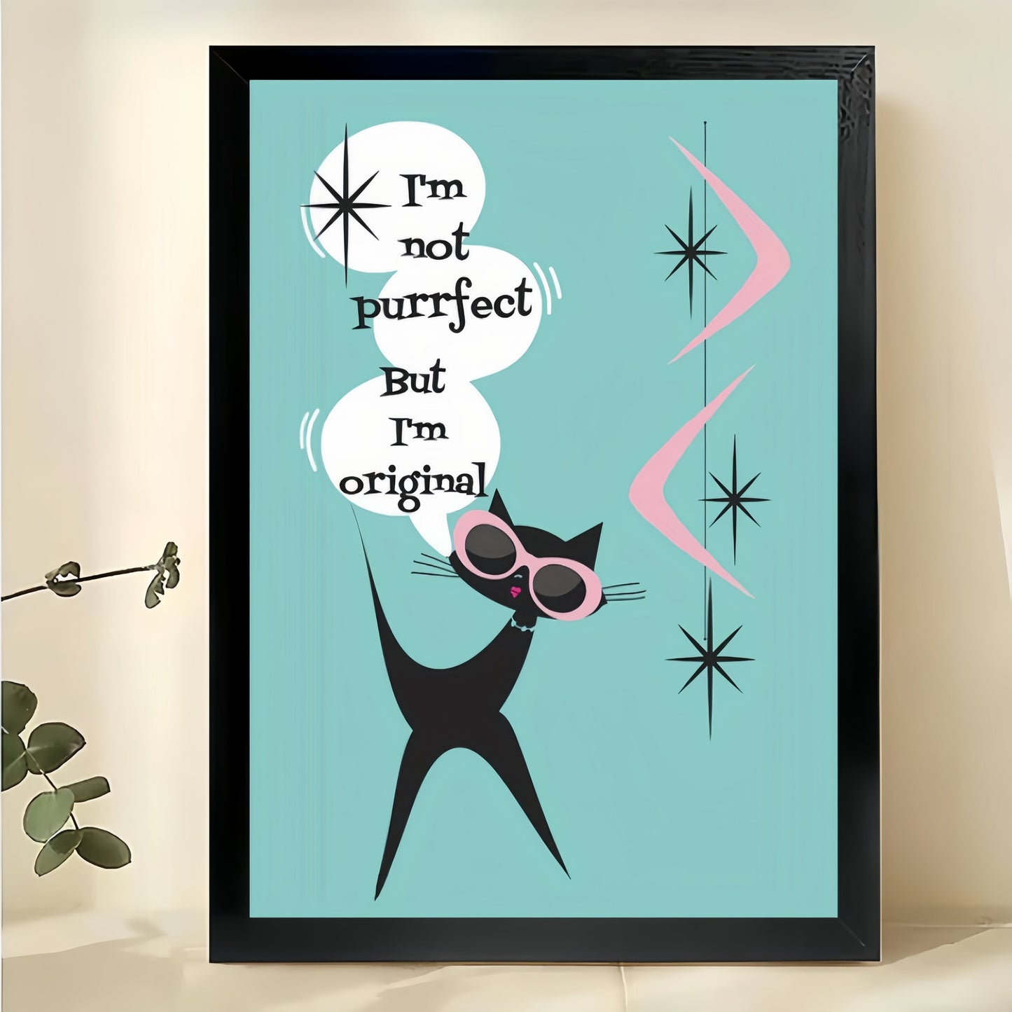 I’m Not Purrfect But I’m Original Retro Cat – Mid-Century Modern Wall Art on Natural Wood Canvas