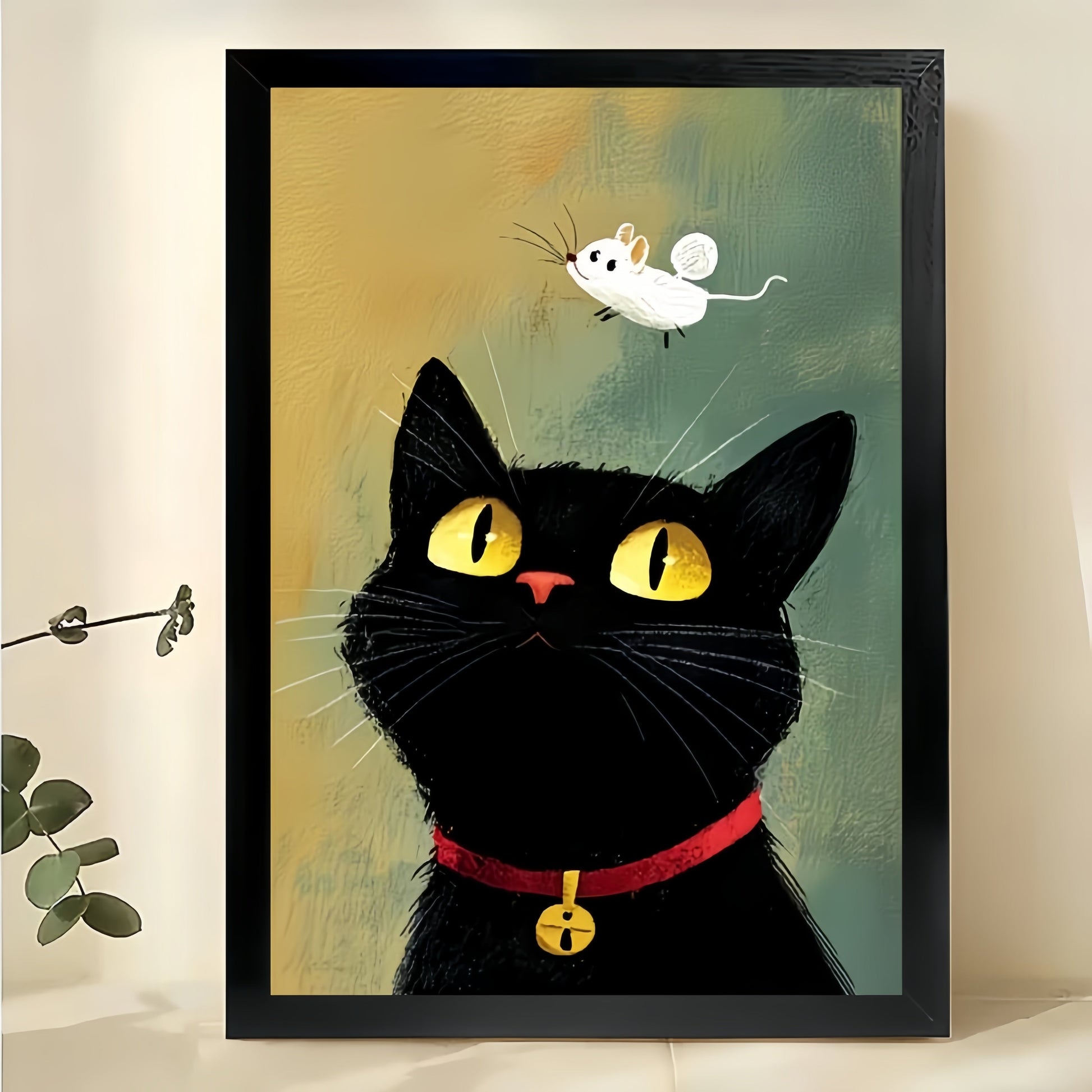 Minimalist Black Cat with Flying Birds Line Art – Calm Cozy Wall Art on Natural Wood Canvas