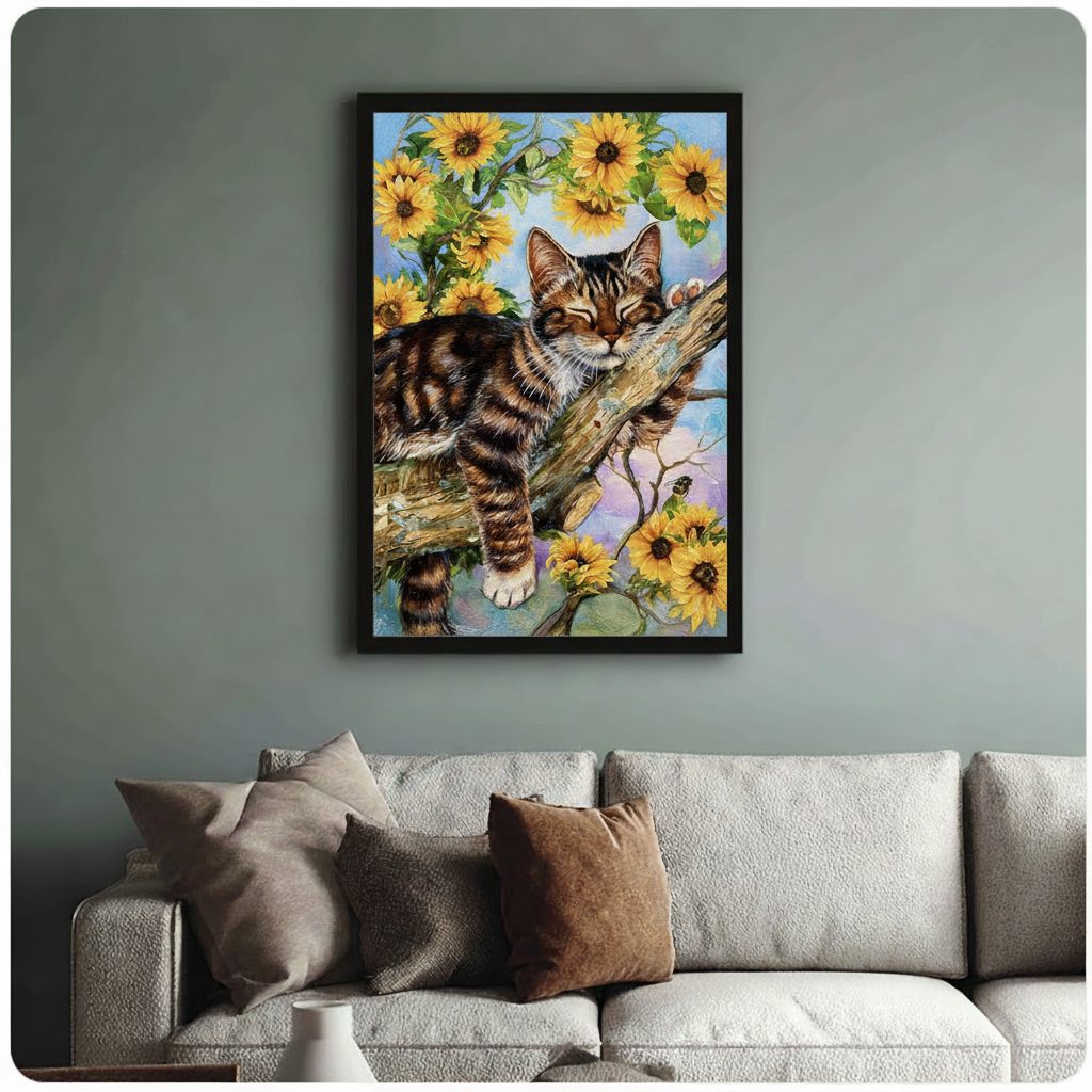Cat Sunflower Canvas Wall Art – Framed