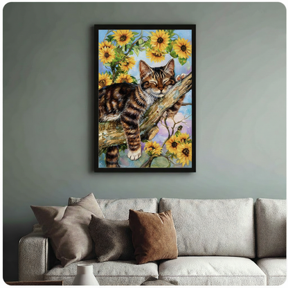 Cat Sunflower Canvas Wall Art – Framed