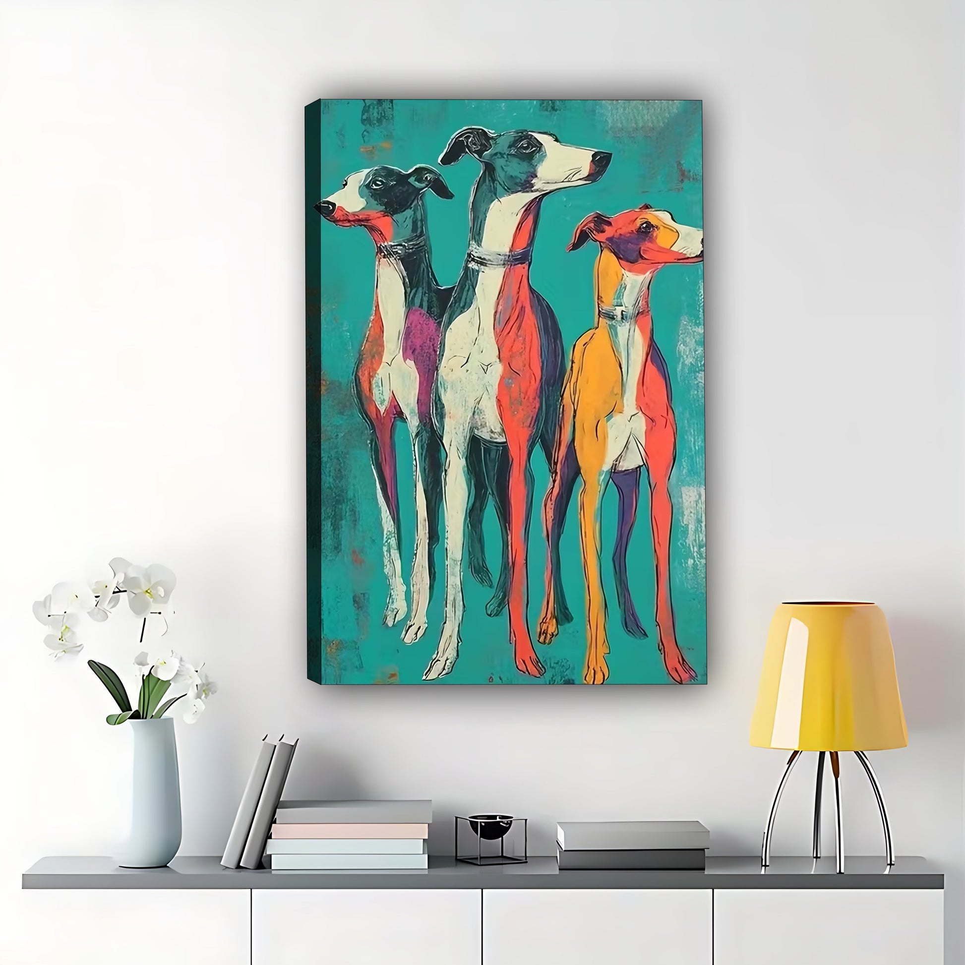 The Vibrant Greyhound Group – Colorful Dog Portrait Wall Art on Natural Wood Grain Canvas