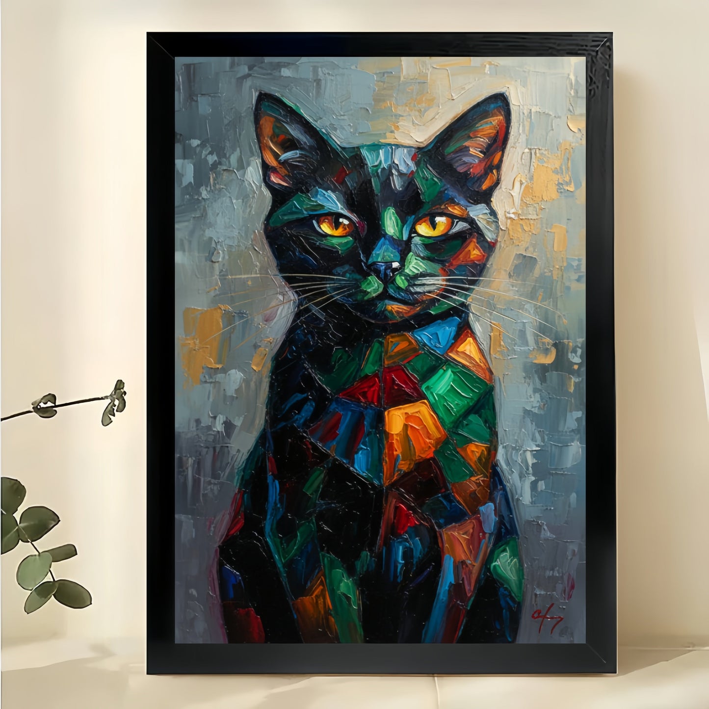 Colorful Abstract Black Cat – Modern Artistic Wall Art on Natural Wood Canvas