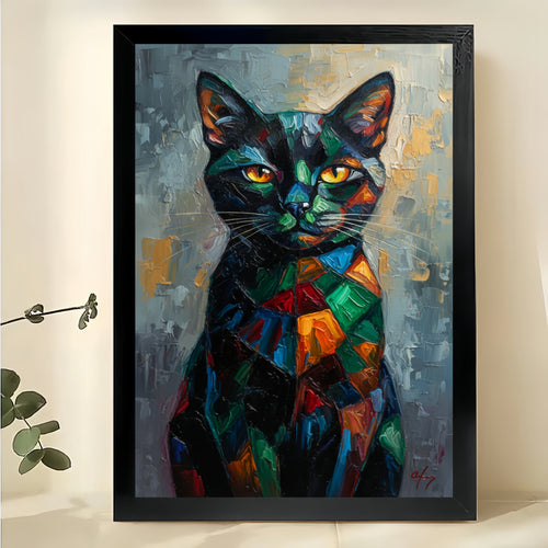 Colorful Abstract Black Cat – Modern Artistic Wall Art on Natural Wood Canvas