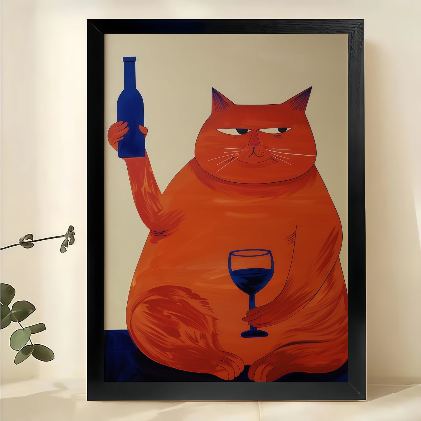 Retro Orange Cat with Wine Glass – Whimsical Culinary Wall Art on Natural Wood Canvas