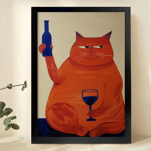 Retro Orange Cat with Wine Glass – Whimsical Culinary Wall Art on Natural Wood Canvas