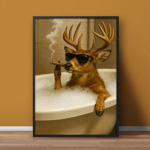 Funny Deer in Bathtub Canvas – Retro Animal Art Print with SunGlasses and Smoking for Unique Wall Decor