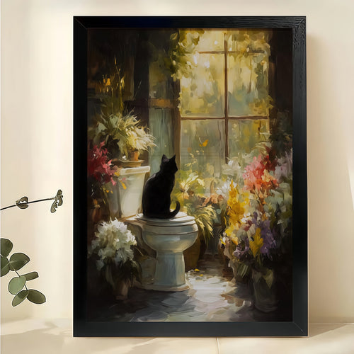 Black Cat on Toilet with Flowers – Humorous Vintage Bathroom Wall Art on Natural Wood Canvas