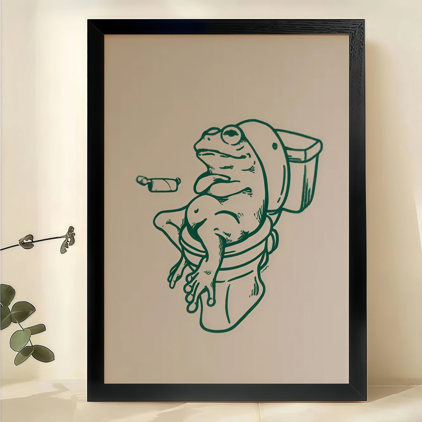 Frog on Toilet – Whimsical Bathroom Line Art Wall Art on Natural Wood Canvas