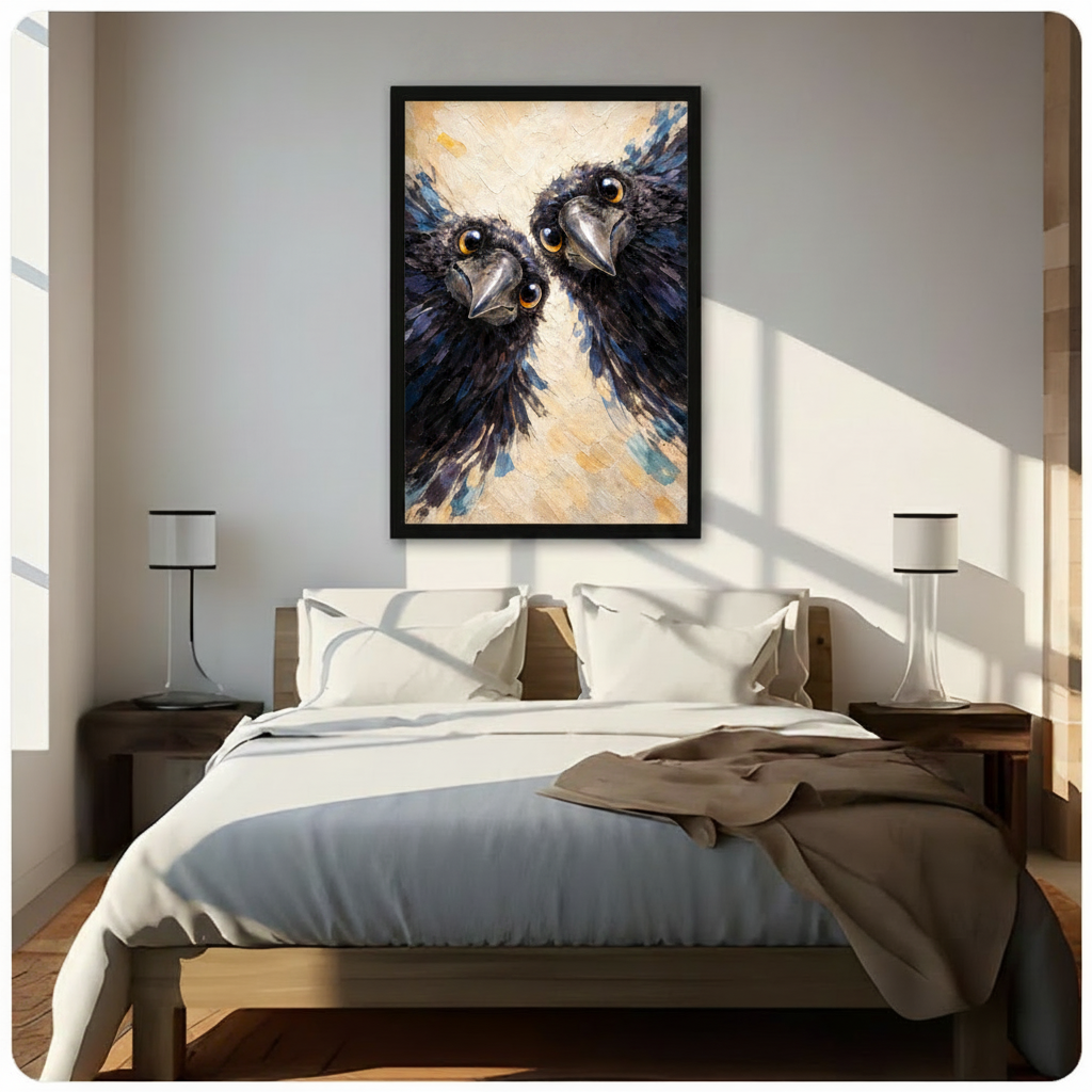 Two Ravens Close-Up Impasto Oil Painting Canvas Art