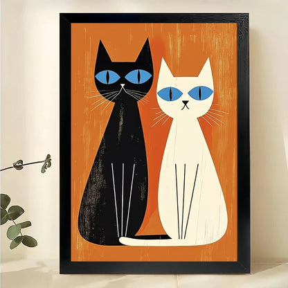 Minimalist Black & White Cats on Orange Geometric Background – Modern Pet Wall Art on Natural Wood Canvas