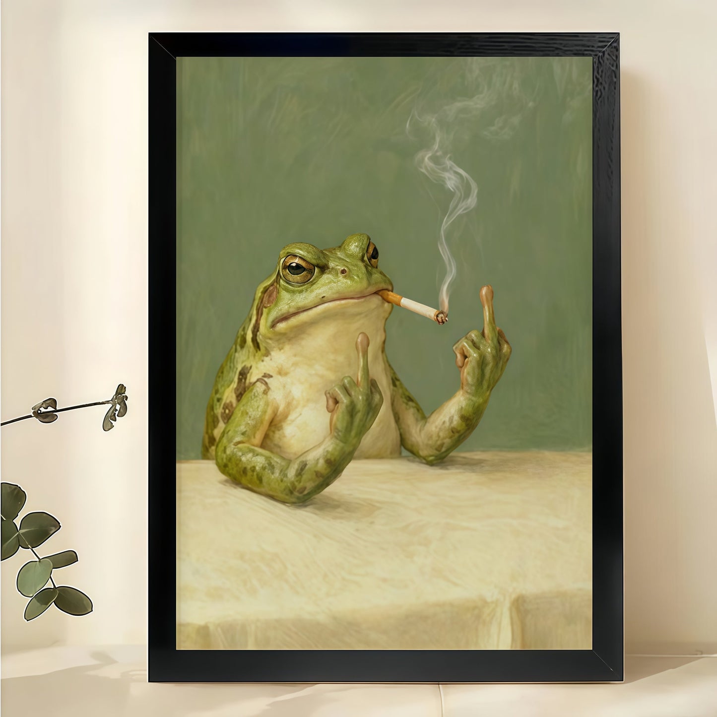 Retro Smoking Frog – Humorous Anthropomorphic Wall Art on Natural Wood Canvas