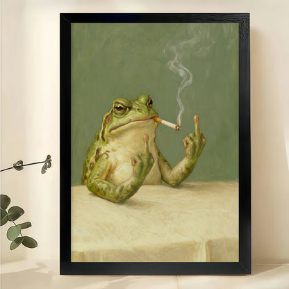 Retro Smoking Frog – Humorous Anthropomorphic Wall Art on Natural Wood Canvas