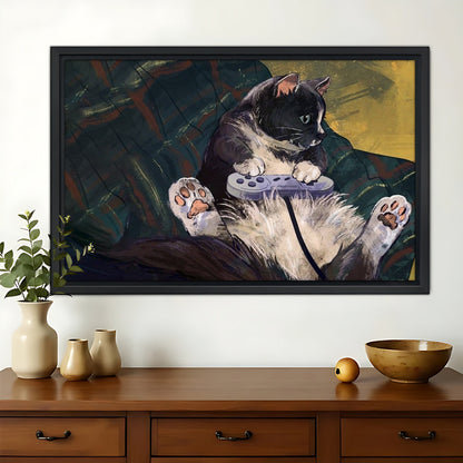 Gamer Black & White Cat – Humorous Video Game Wall Art on Natural Wood Canvas