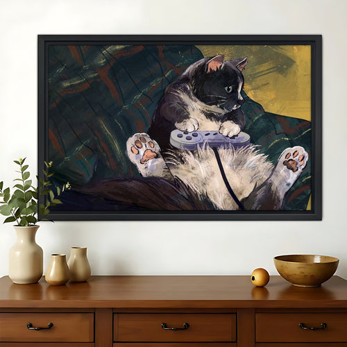 Gamer Black & White Cat – Humorous Video Game Wall Art on Natural Wood Canvas