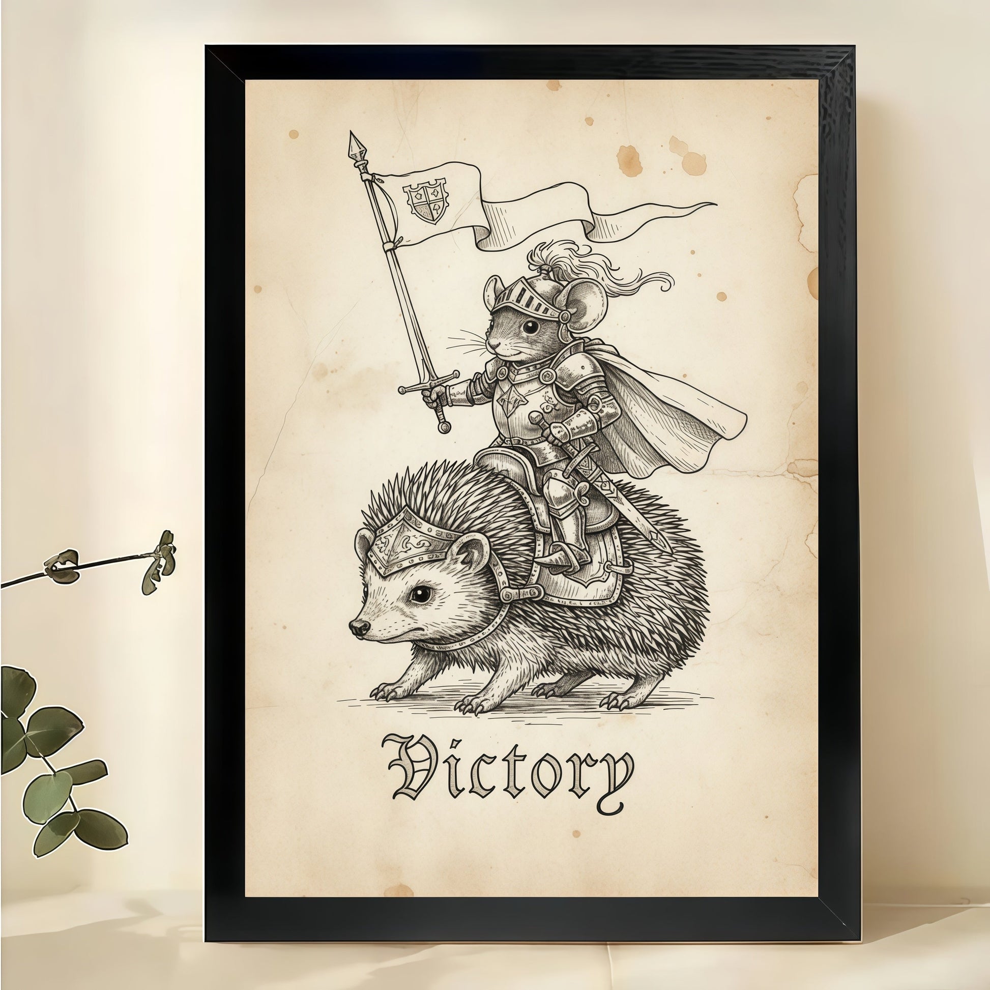 The Hedgehog Knight “Victory” – Vintage Inspirational Sketch Wall Art on Natural Wood Canvas