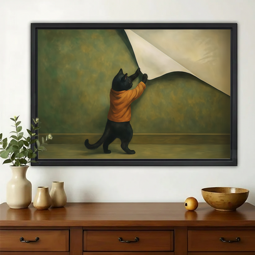 Black Cat Tearing Wall Art – Whimsical Surreal Wall Art on Natural Wood Canvas