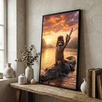 Raccoon Standing on Alligator with Chainsaw Golden Sunset Canvas Wall Art