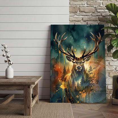 Watercolor Deer Canvas Wall Art - Forest Landscape Double Exposure Print