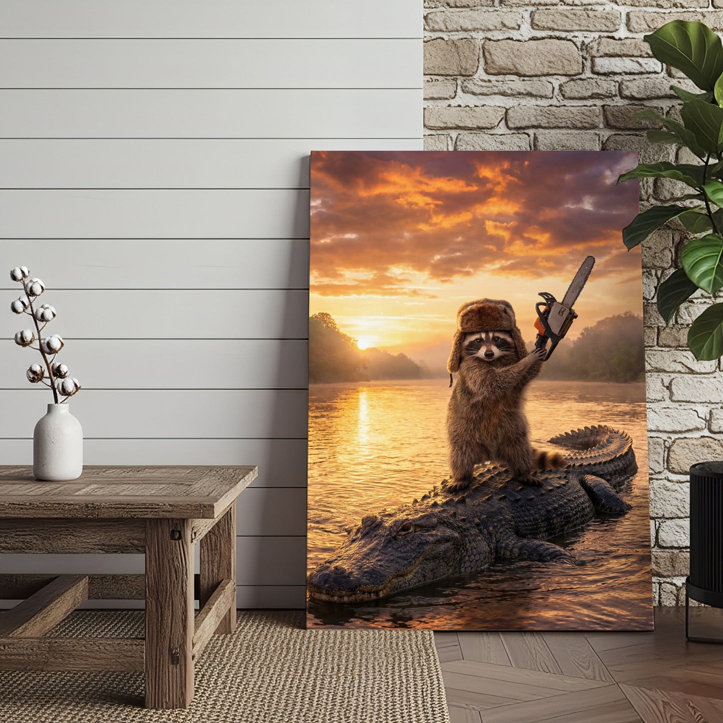 Raccoon Standing on Alligator with Chainsaw Golden Sunset Canvas Wall Art