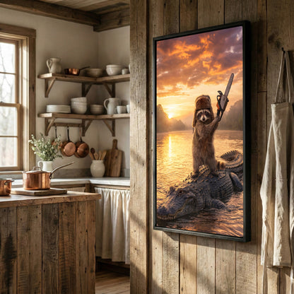 Raccoon Standing on Alligator with Chainsaw Golden Sunset Canvas Wall Art