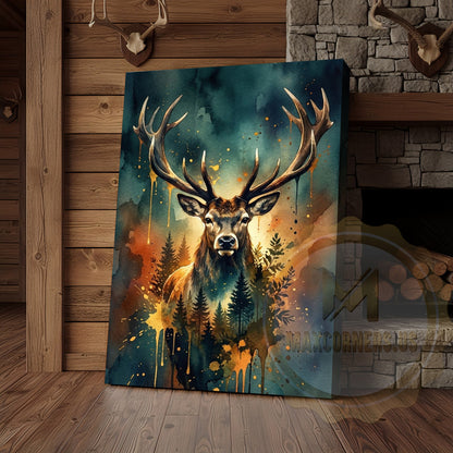 Watercolor Deer Canvas Wall Art - Forest Landscape Double Exposure Print