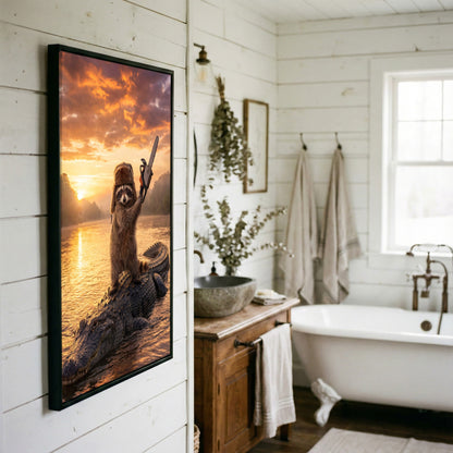 Raccoon Standing on Alligator with Chainsaw Golden Sunset Canvas Wall Art