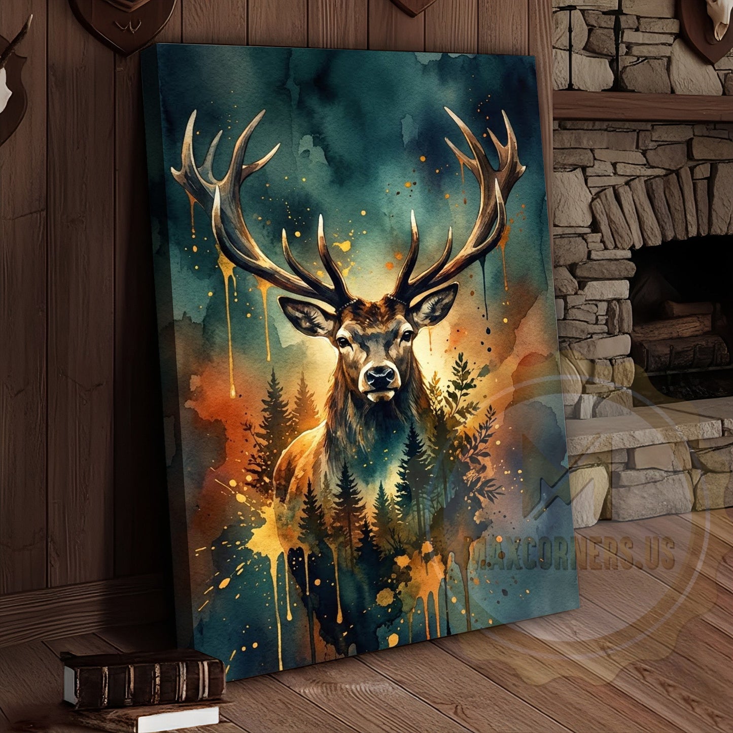 Watercolor Deer Canvas Wall Art - Forest Landscape Double Exposure Print