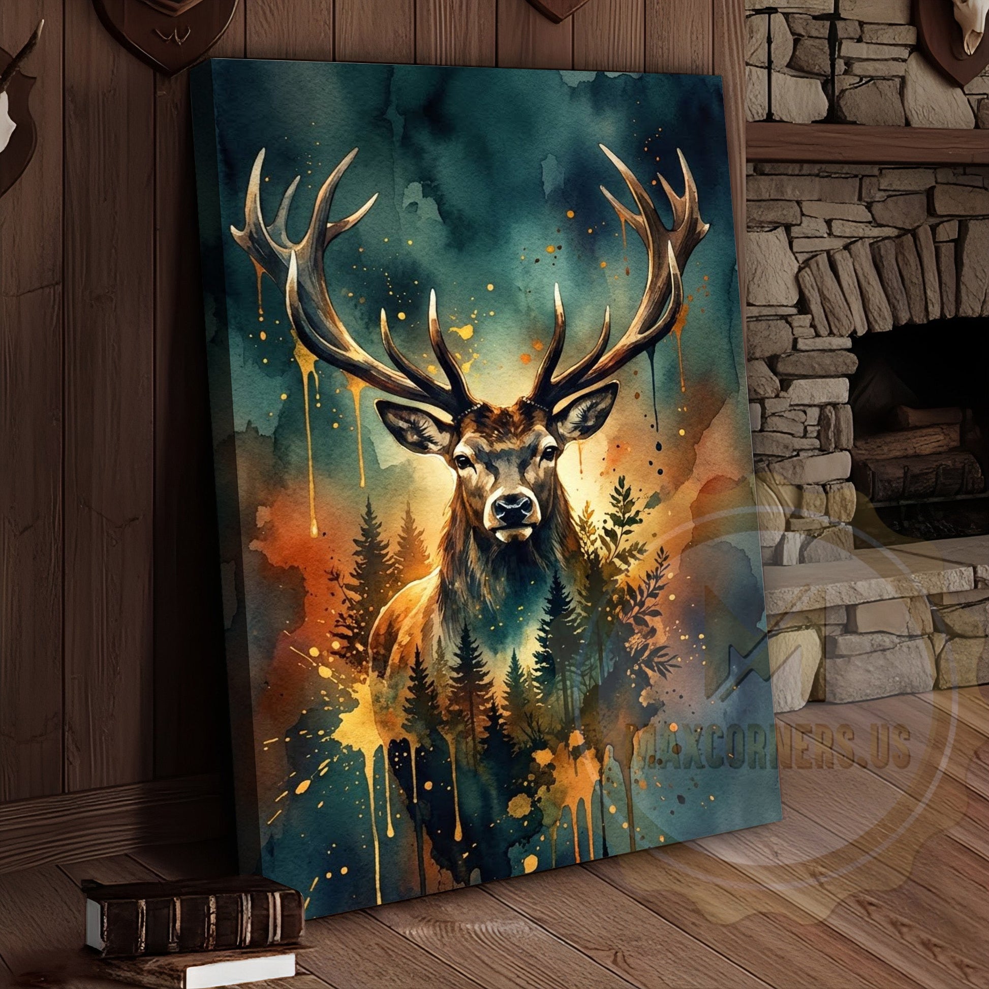 Watercolor Deer Canvas Wall Art - Forest Landscape Double Exposure Print