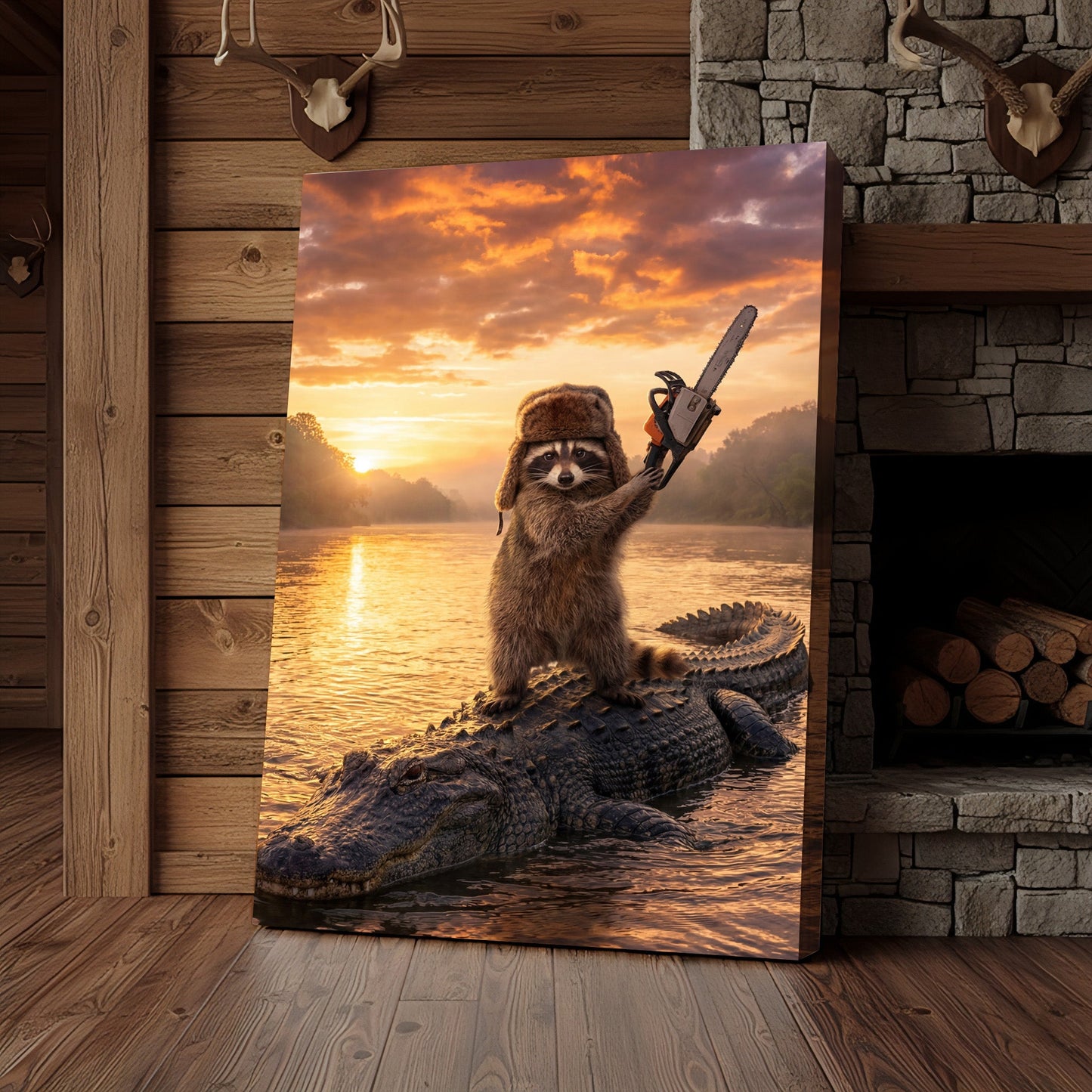 Raccoon Standing on Alligator with Chainsaw Golden Sunset Canvas Wall Art
