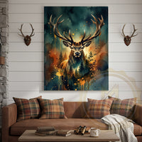Watercolor Deer Canvas Wall Art - Forest Landscape Double Exposure Print