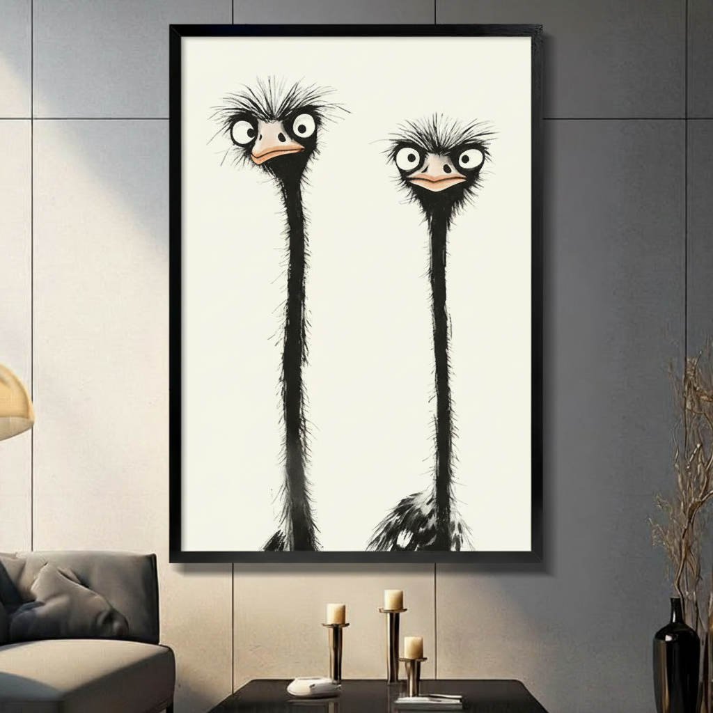 Funny Ostrich Duo Minimalist Ink Canvas Art Wall Art