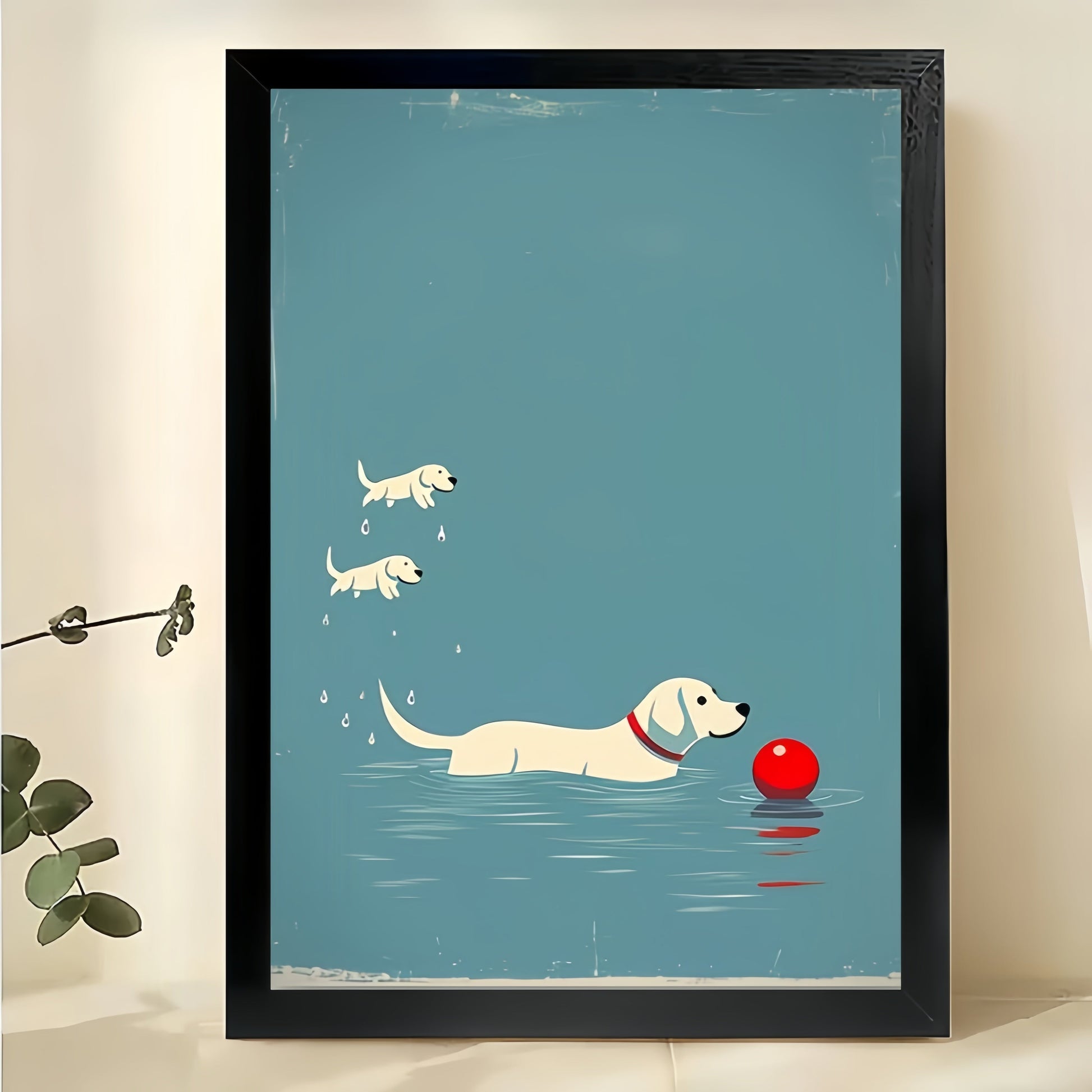 Cute Dog Playing in Swimming Pool – Minimalist Blue Background Wall Art on Natural Wood Canvas
