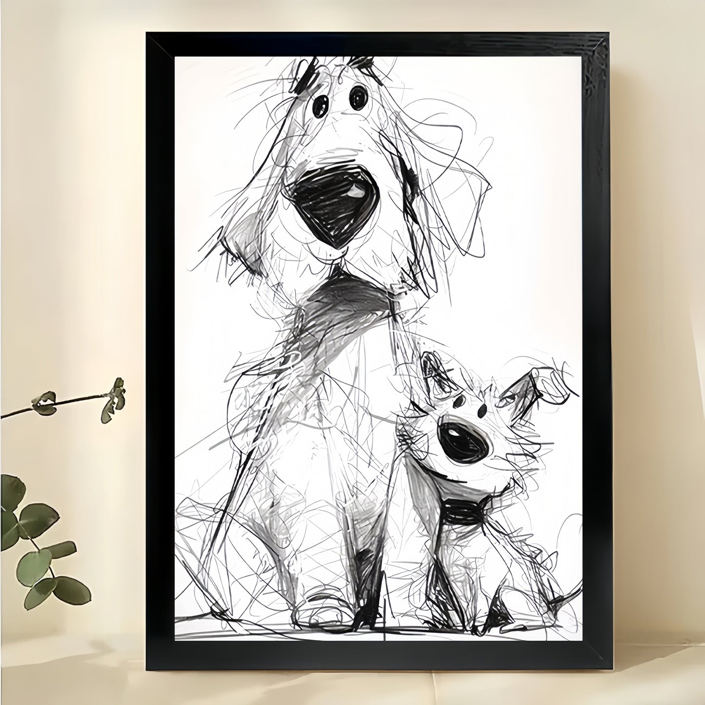 Black & White Sketch Dog Parent & Pup – Whimsical Pet Wall Art on Natural Wood Canvas