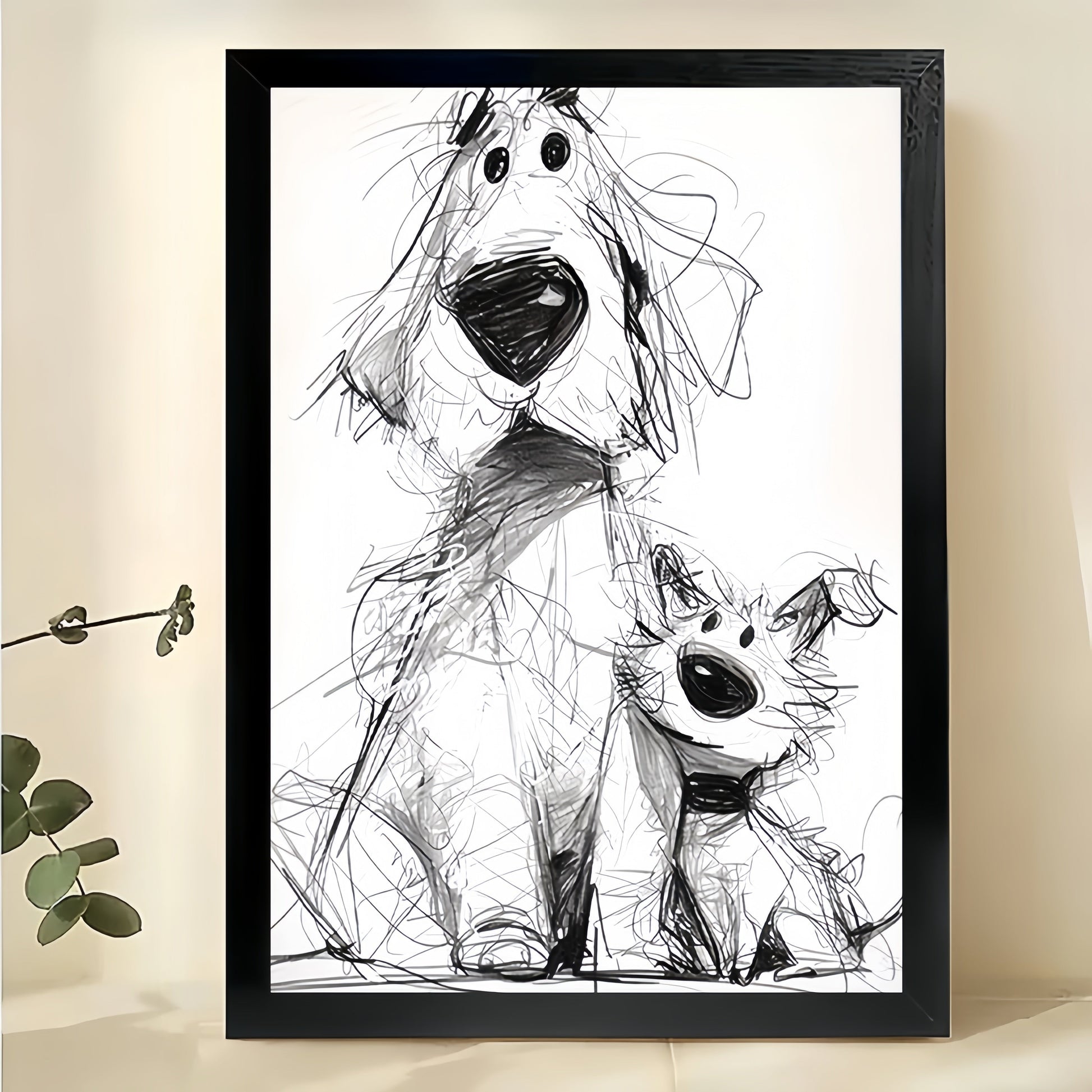 Black & White Sketch Dog Parent & Pup – Whimsical Pet Wall Art on Natural Wood Canvas