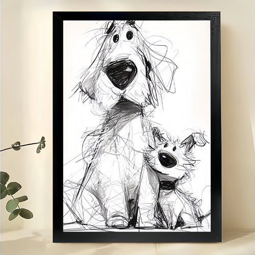Black & White Sketch Dog Parent & Pup – Whimsical Pet Wall Art on Natural Wood Canvas
