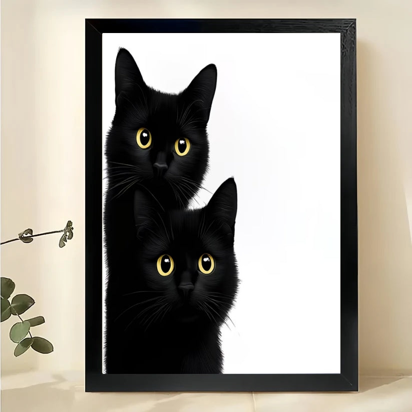 Stacked Black Cats – Minimalist Monochrome Wall Art on Natural Wood Canvas