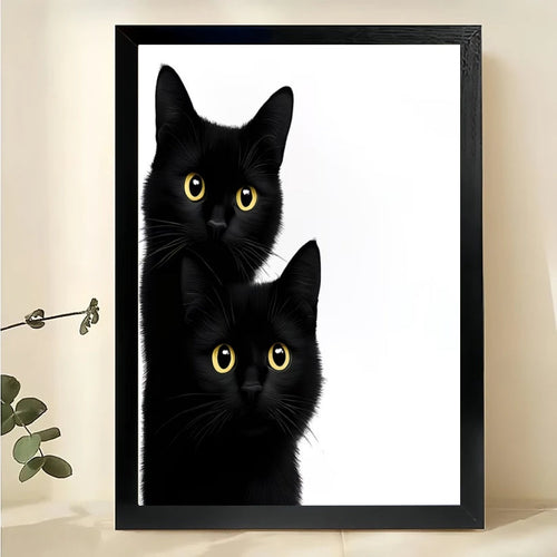 Stacked Black Cats – Minimalist Monochrome Wall Art on Natural Wood Canvas