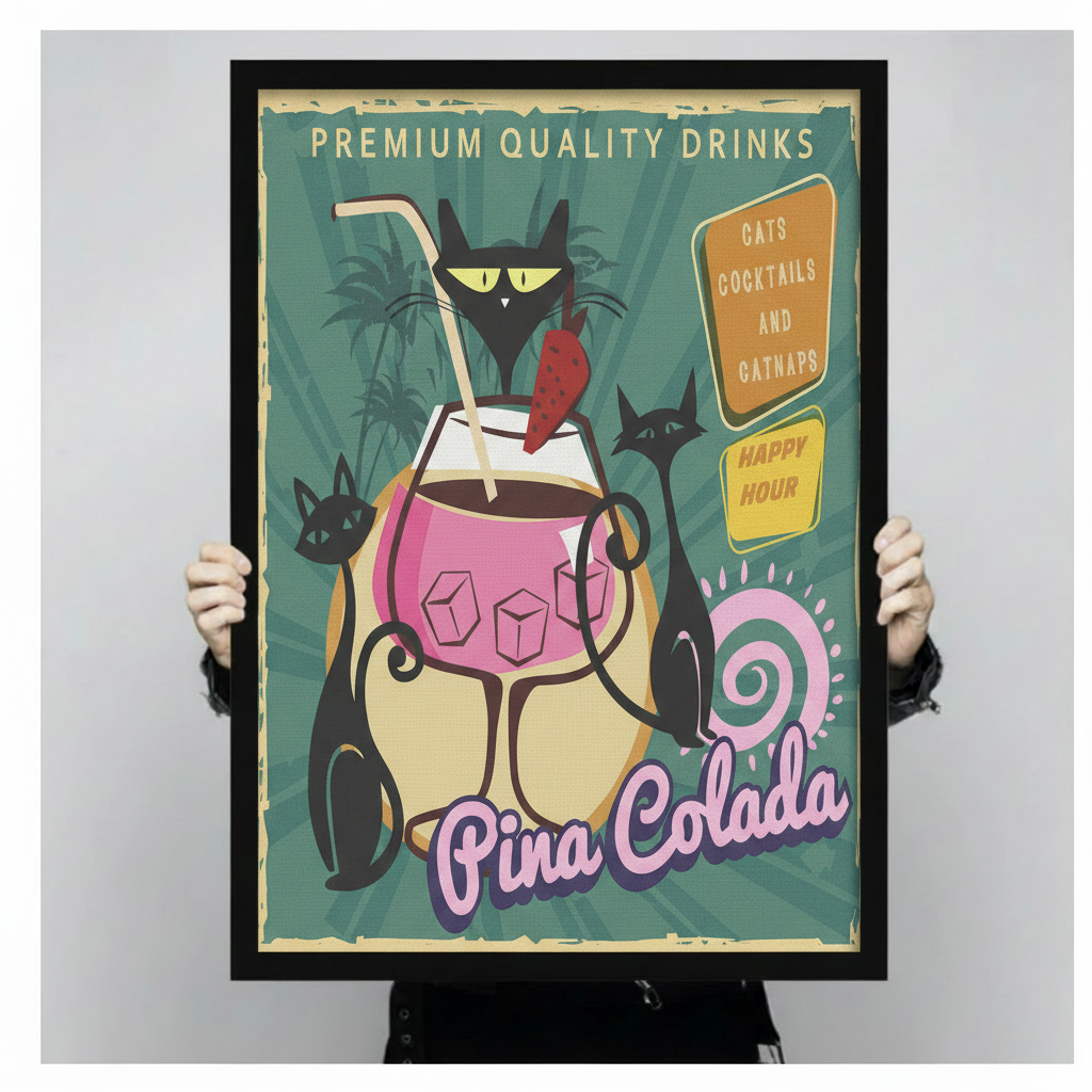 Retro Cat Pina Colada Cocktail Canvas Wall Art