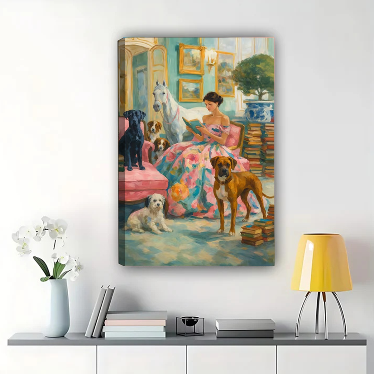Woman Reading with Dogs Wall Art - Elegant Interior Print