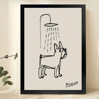 Picasso French Bulldog Showering – Minimalist Bathroom Line Art Wall Art on Natural Wood Canvas