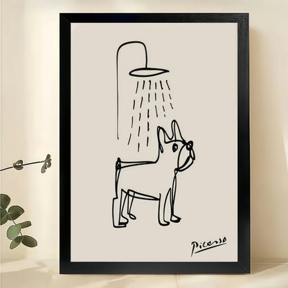 Picasso French Bulldog Showering – Minimalist Bathroom Line Art Wall Art on Natural Wood Canvas