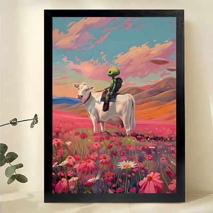The Flower Field Rider – Whimsical Pastoral Wall Art on Natural Wood Canvas