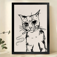 Black Cat with Yarn Minimalist Line Art – Playful Pet Wall Art on Natural Wood Canvas