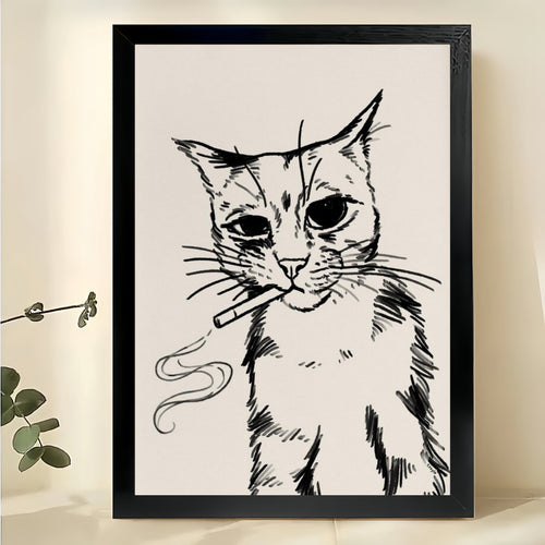 Black Cat with Yarn Minimalist Line Art – Playful Pet Wall Art on Natural Wood Canvas