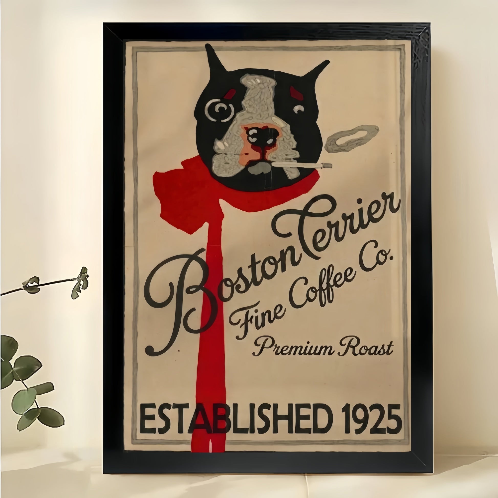 Vintage Boston Terrier Coffee Co Wall Art – Retro Dog Coffee Advertisement Framed Print