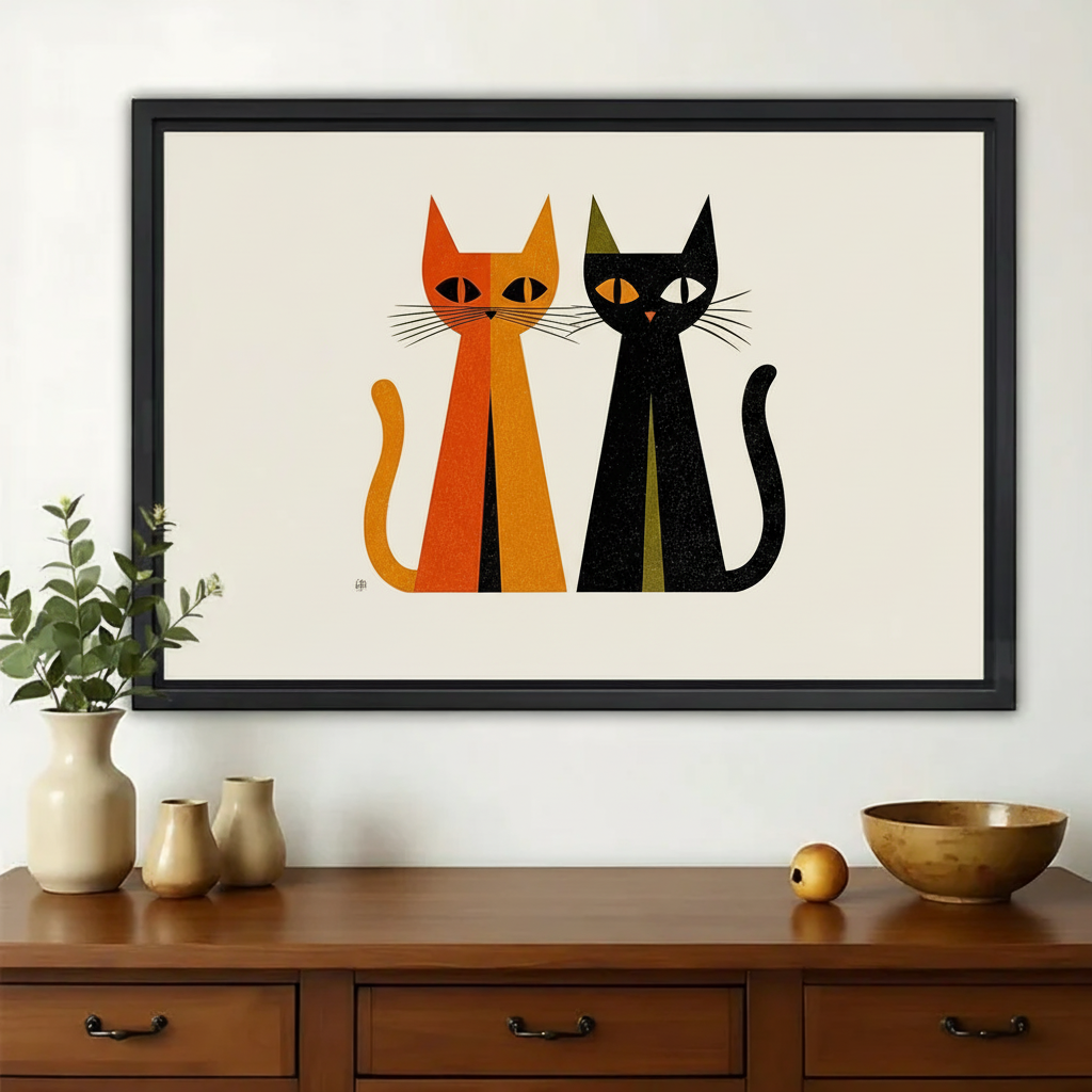 Minimalist Orange & Black Cat Duo – Bold Geometric Wall Art on Natural Wood Canvas