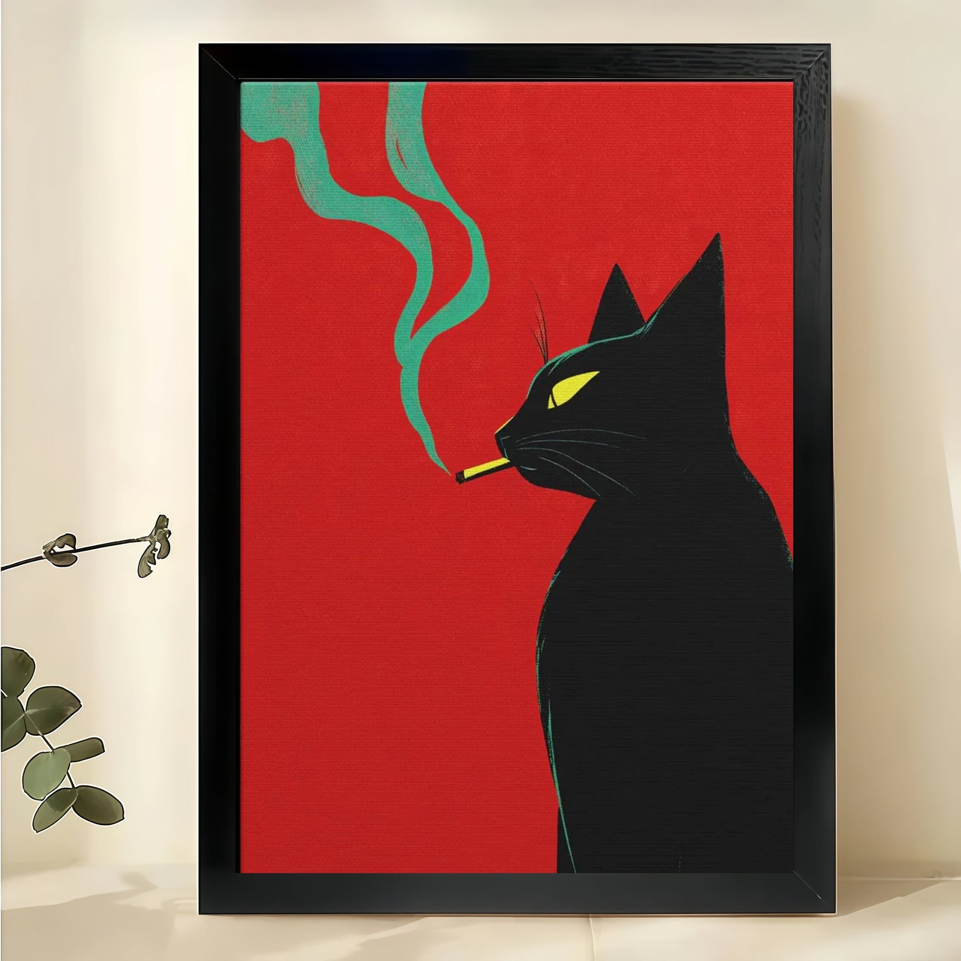 Smoking Black Cat – Retro Edgy Cat Wall Art on Natural Wood Canvas